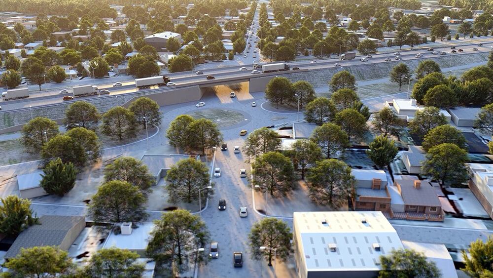 Imagen de proyecto vial y entorno urbano de Malvinas Argentinas.